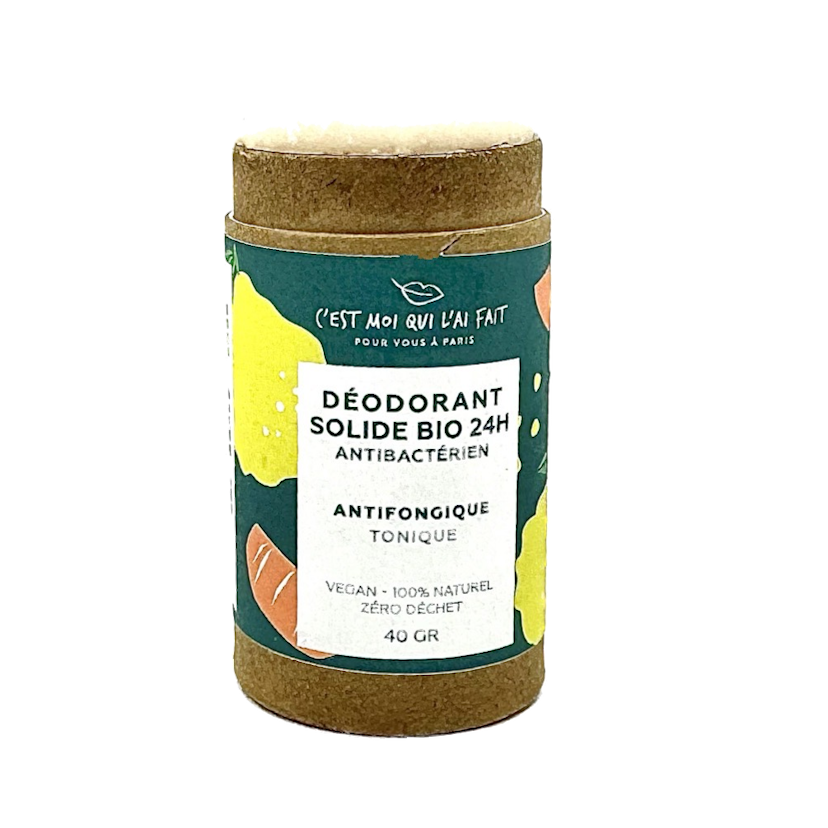 Déodorant solide bio 24H en stick Tonique. Fragrance bergamote et pamplemousse.