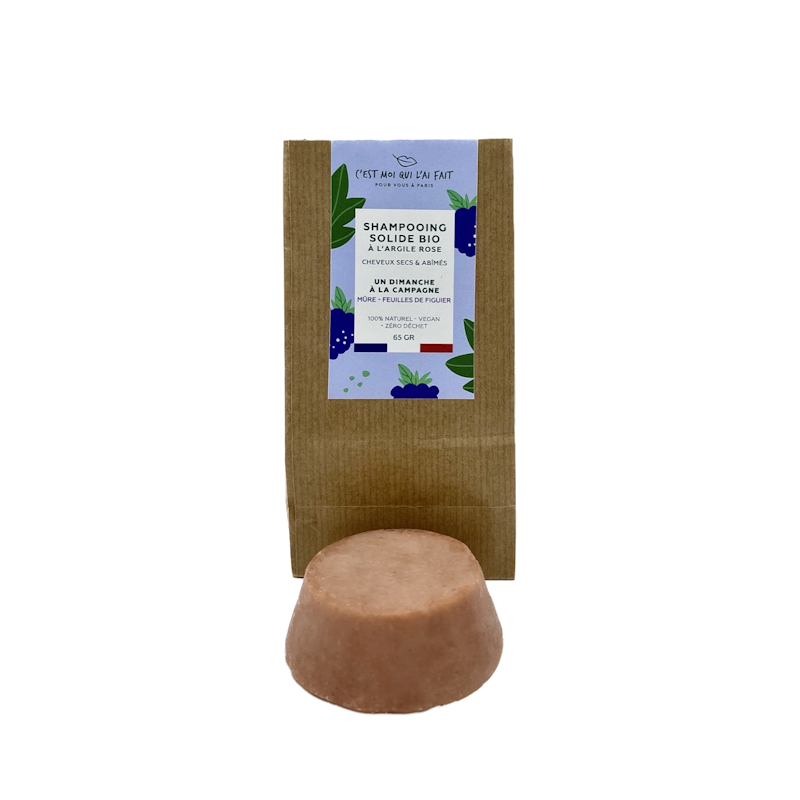 Shampooing "Un dimanche à la campagne" solide bio à l'argile rose, fragrance mûre sauvage et feuille de figuier  Spécialement formulé pour les cheveux secs et abimés.  Formule 100% naturelle, vegan et zéro déchet.
