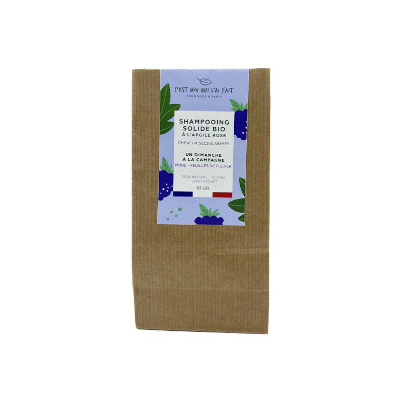 Shampooing "Un dimanche à la campagne" solide bio à l'argile rose, fragrance mûre sauvage et feuille de figuier  Spécialement formulé pour les cheveux secs et abimés.  Formule 100% naturelle, vegan et zéro déchet.