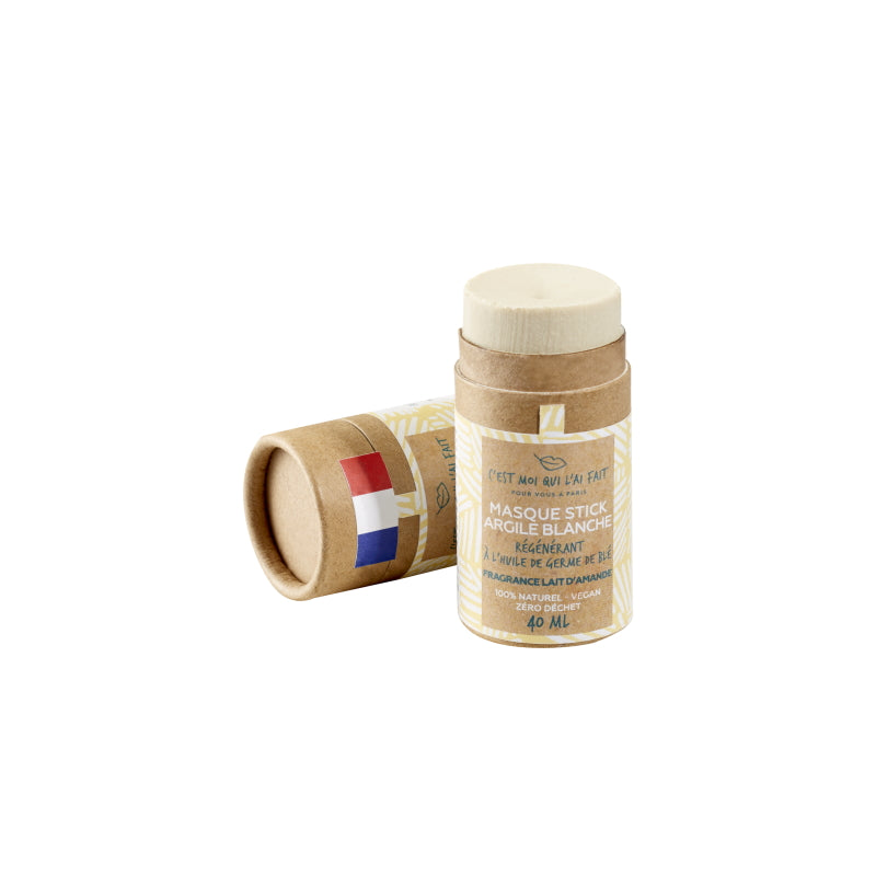 Masque stick à l'argile blanche pour la régénération, fragrance lait d'amande à l'huile de germe de blé.