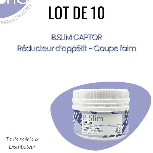 Lot de 10 réducteurs d’appétit B.Slim CAPTOR, coupe-faim en pot blanc avec étiquette bleue et fond violet.